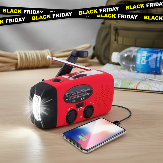EmergencyAid™ – Kompakt allt-i-ett radio, laddare, ficklampa & solpanel